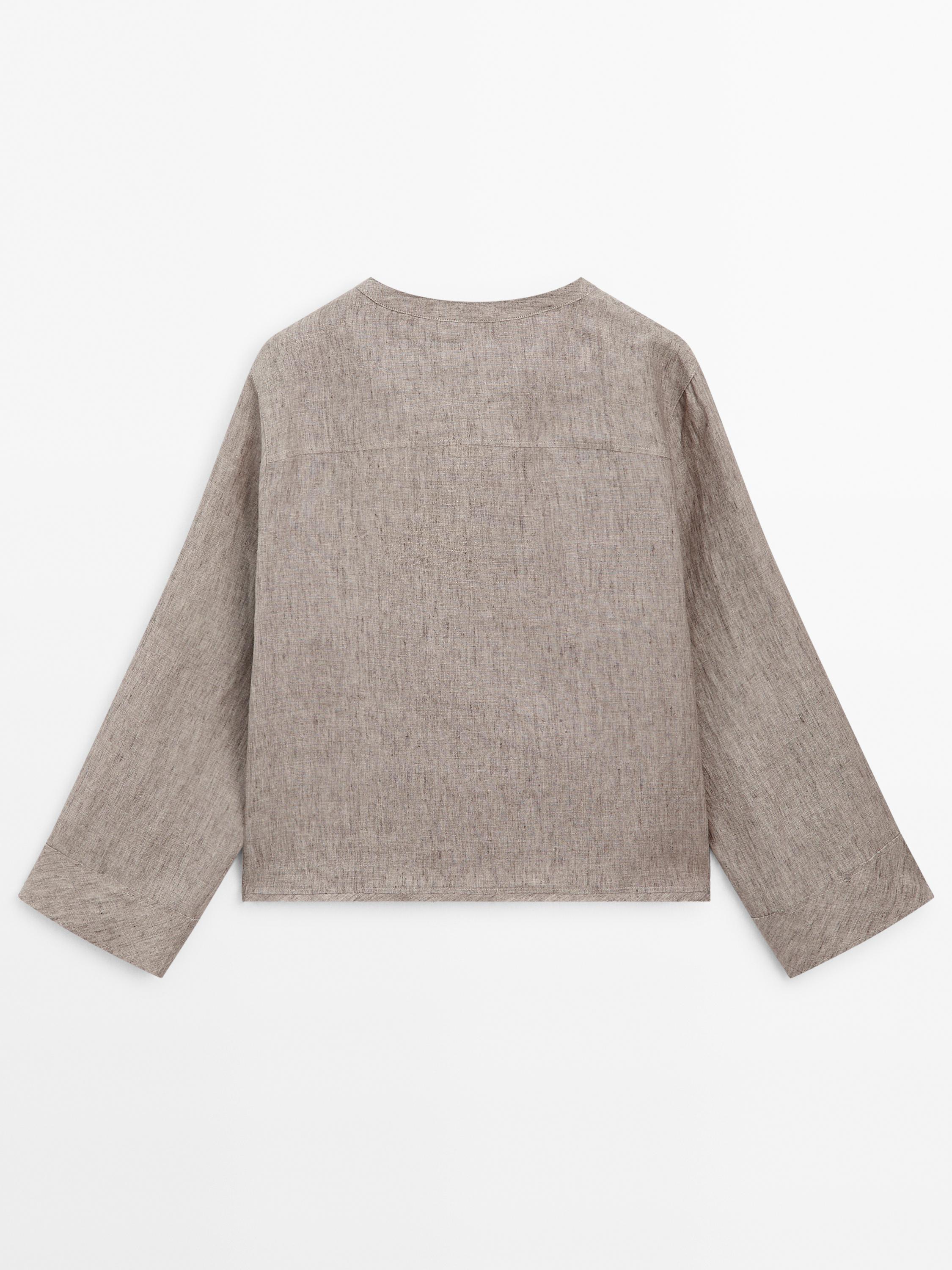 100% linen melange stand collar blouse